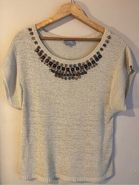 Jana Cream Beaded Scoop Neckline Short Sleeve Knit Top Sz L